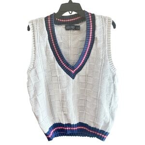 Vintage Lands End Mens Large Sweater Vest Cotton V-Neck Striped Cream USA Made